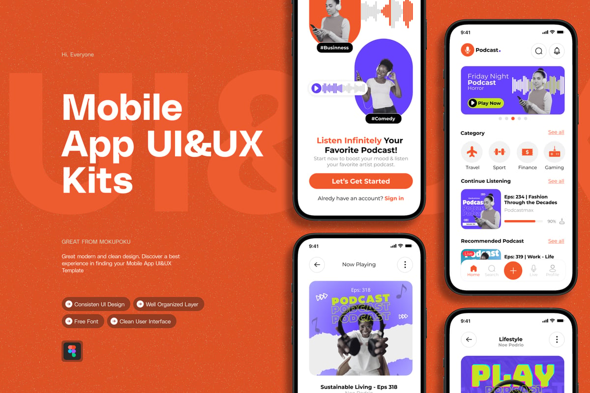 播客中心 - 移动应用程序 UI UX设计模板 Podcast Hub - Mobile App UI&UX
