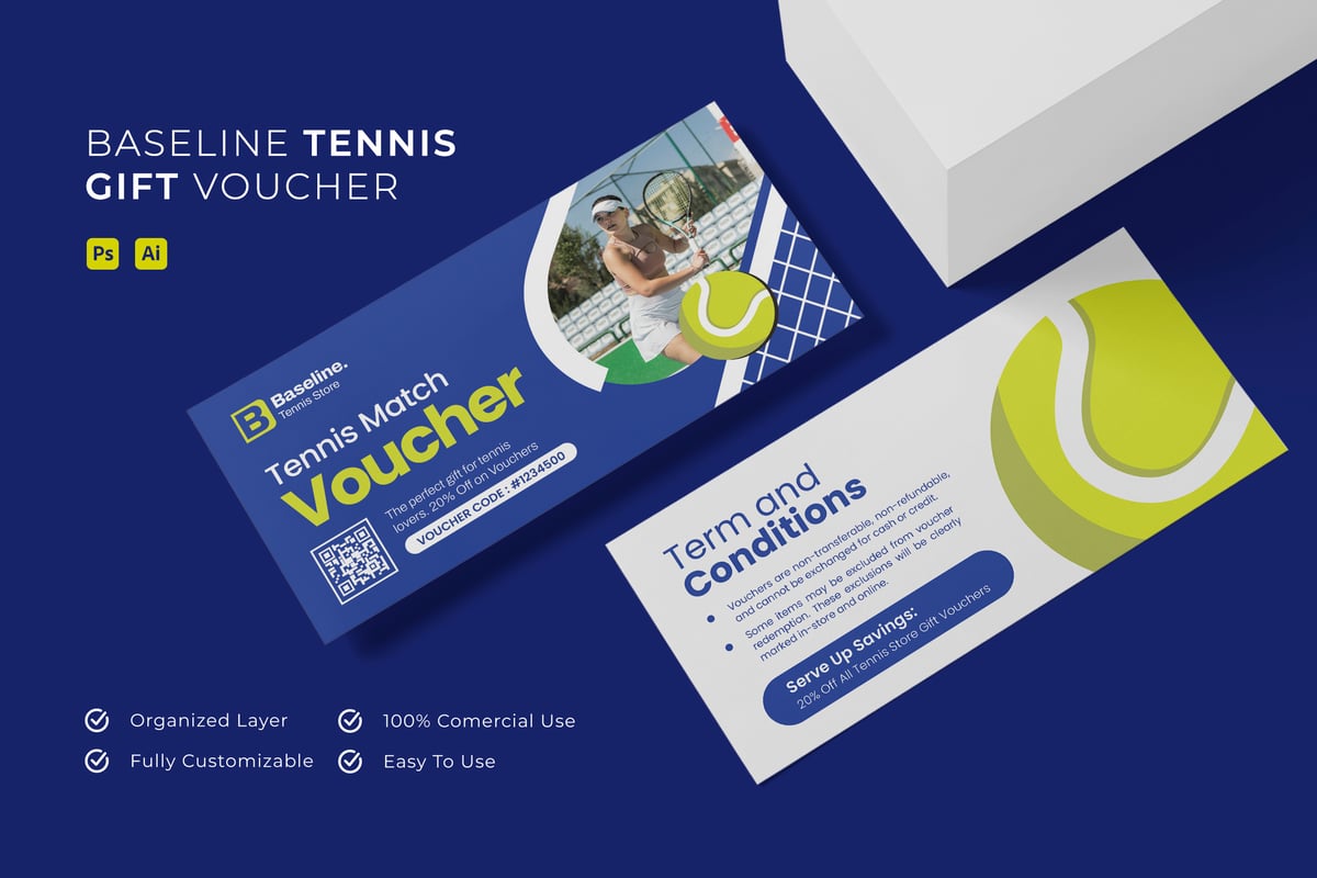 网球促销礼券模板 Baseline Tennis - Gift Voucher