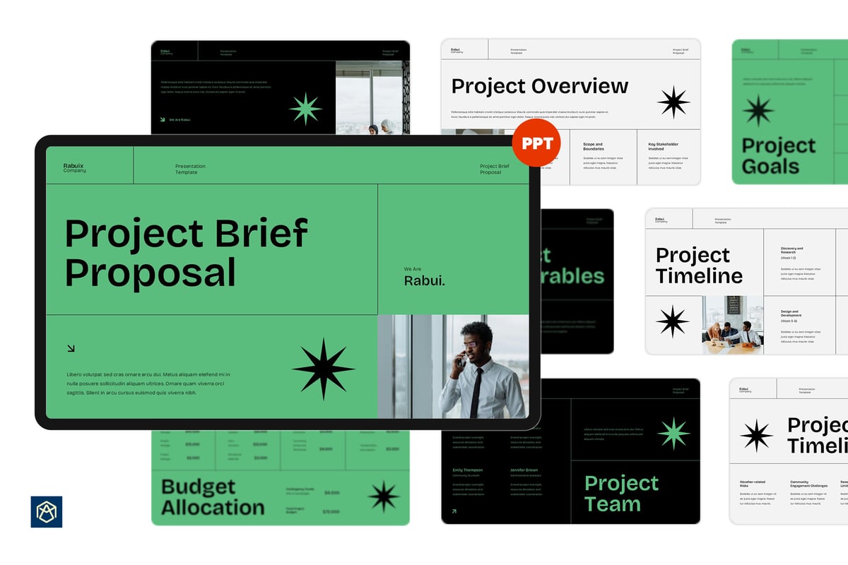 简单项目简要提案PPT幻灯片设计模板 Green Black White Simple Project Brief Proposal 03