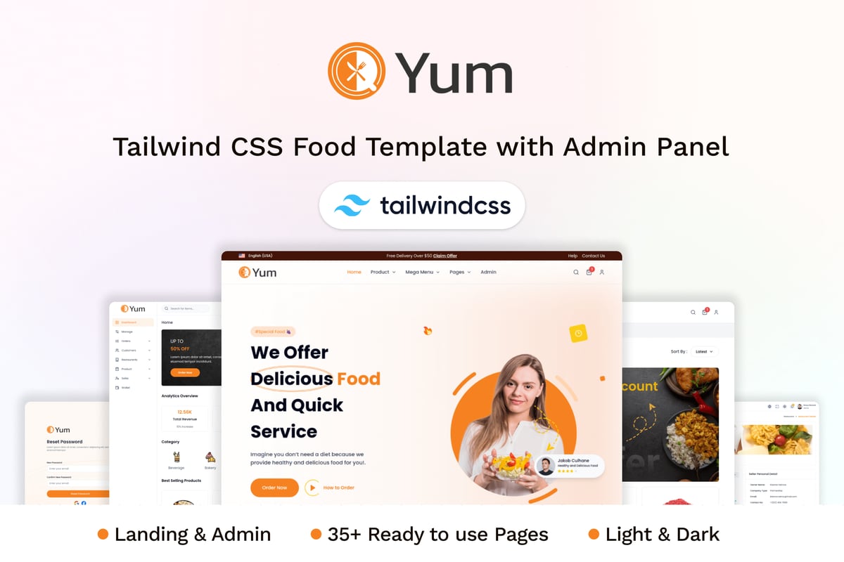 Yum – 带有管理面板的 Tailwind CSS 食品模板
