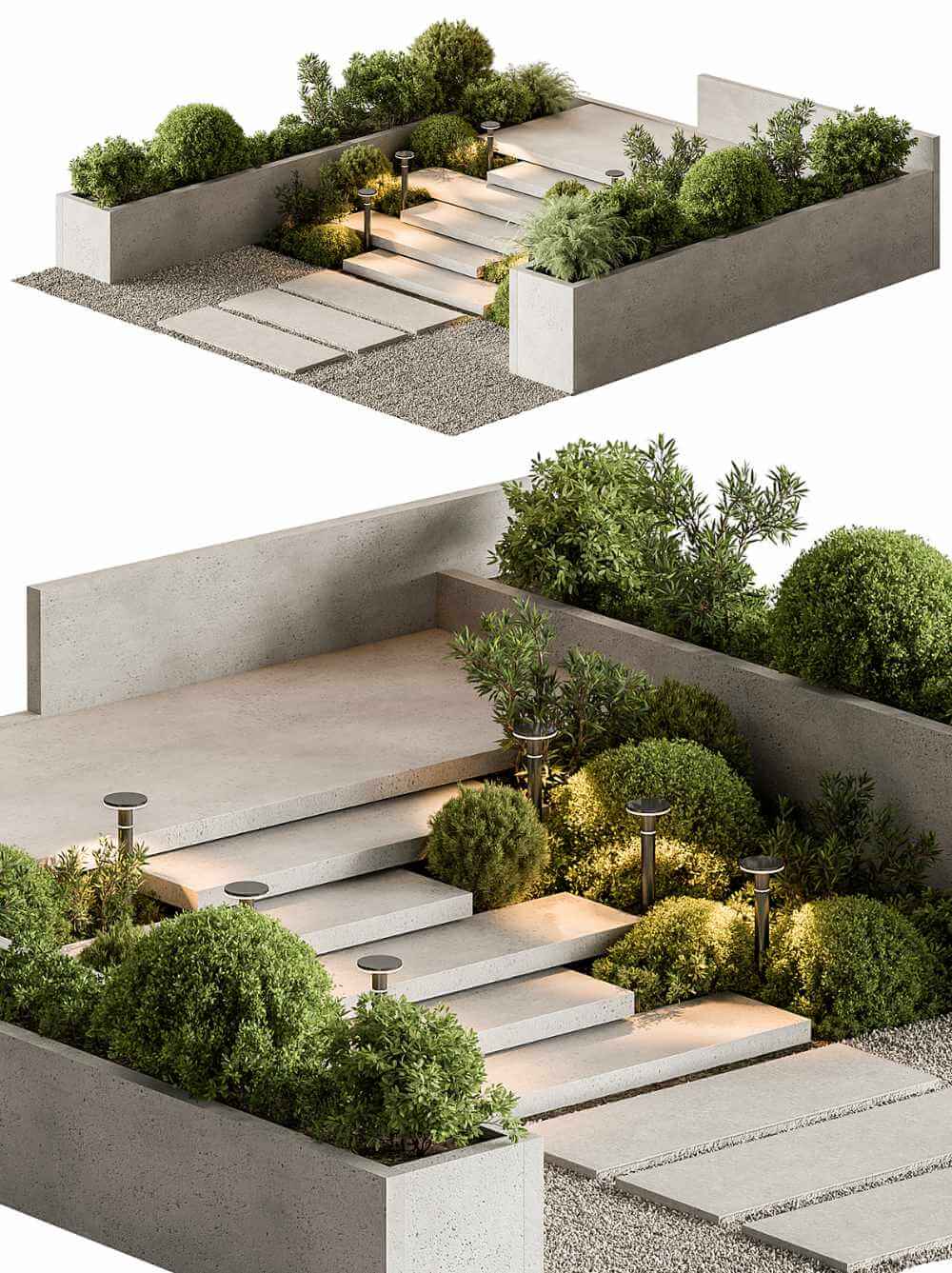 包含鹅卵石地面 石板楼梯和绿植的花园景观3D模型（OBJ,MAX）