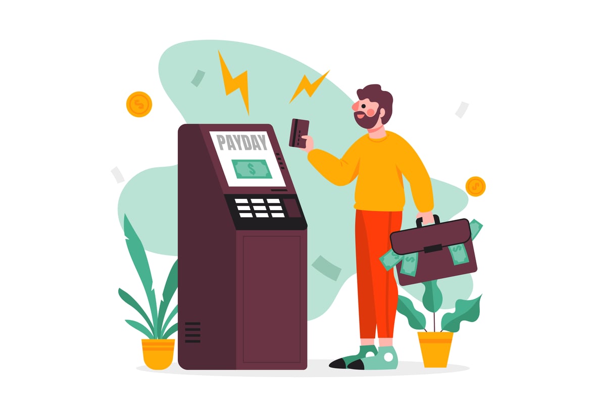 男子在 ATM 机上查询余额 — — 插图