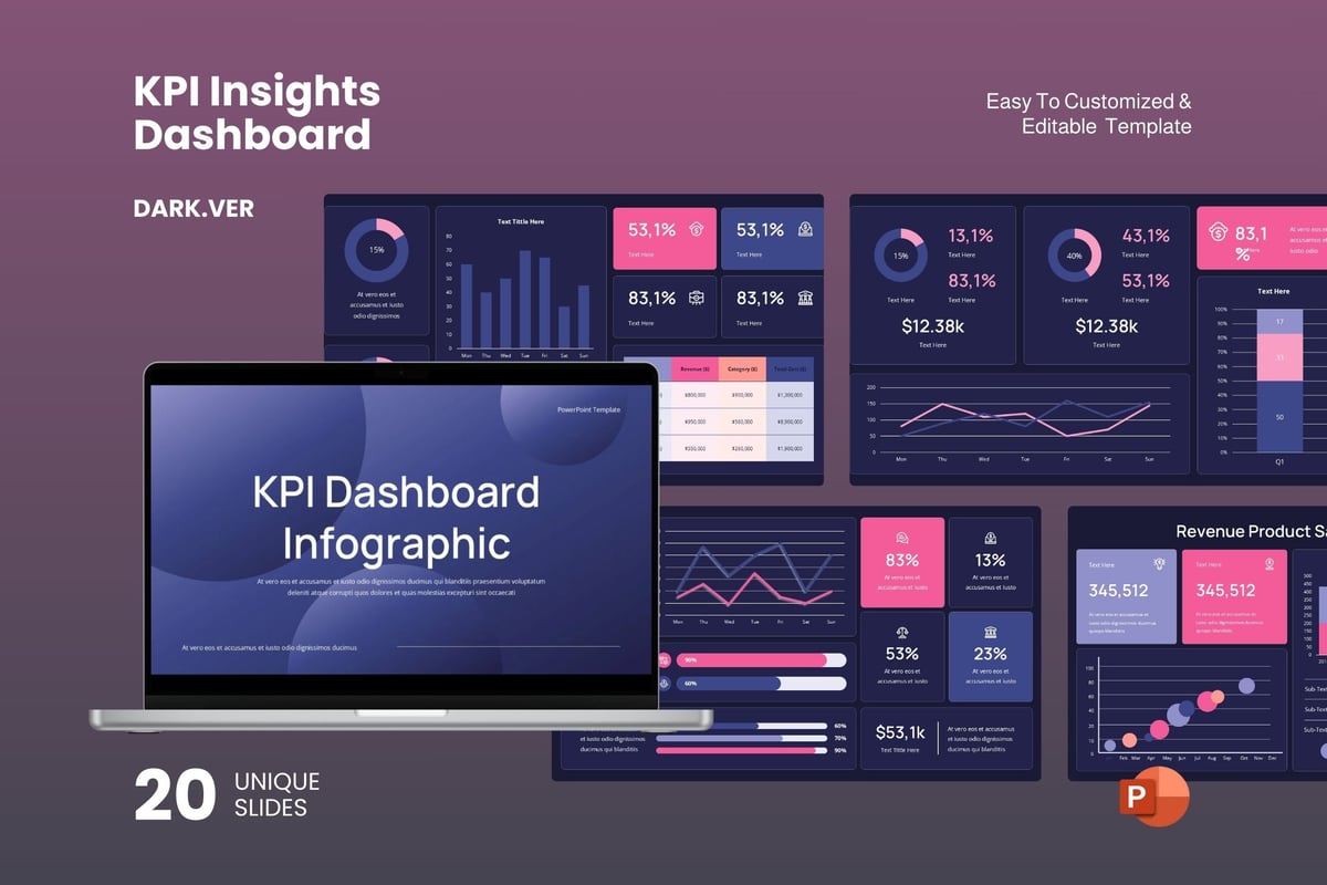 KPI 洞察仪表板深色版本。PPT模板 (PPTX)