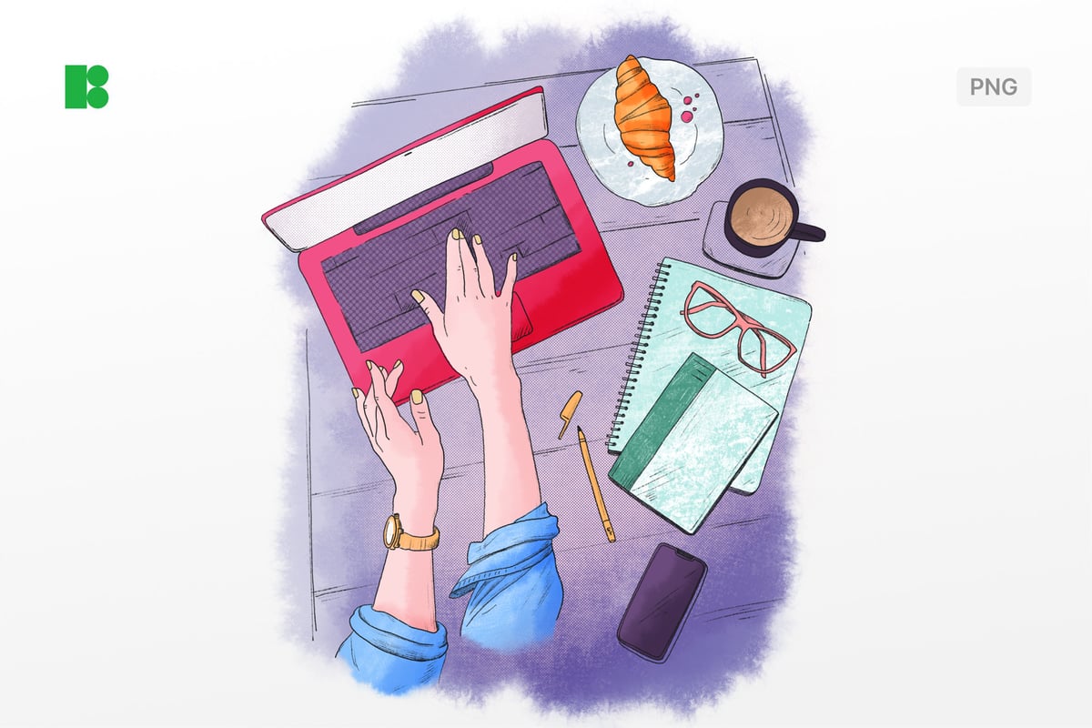 咖啡馆远程办公插画素材 Remote Work on Laptop in a Cafe