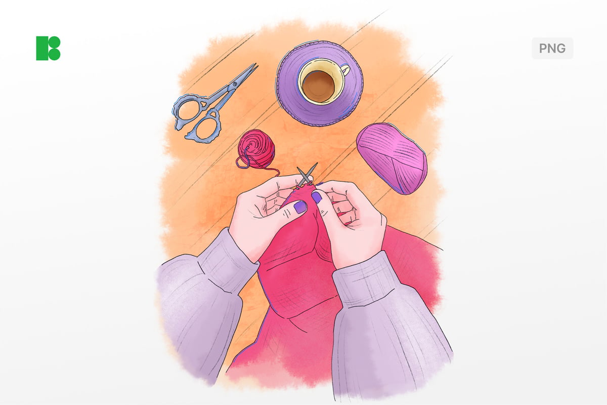 针织粉色毛衣插画素材 Woman Knitting Pink Sweater