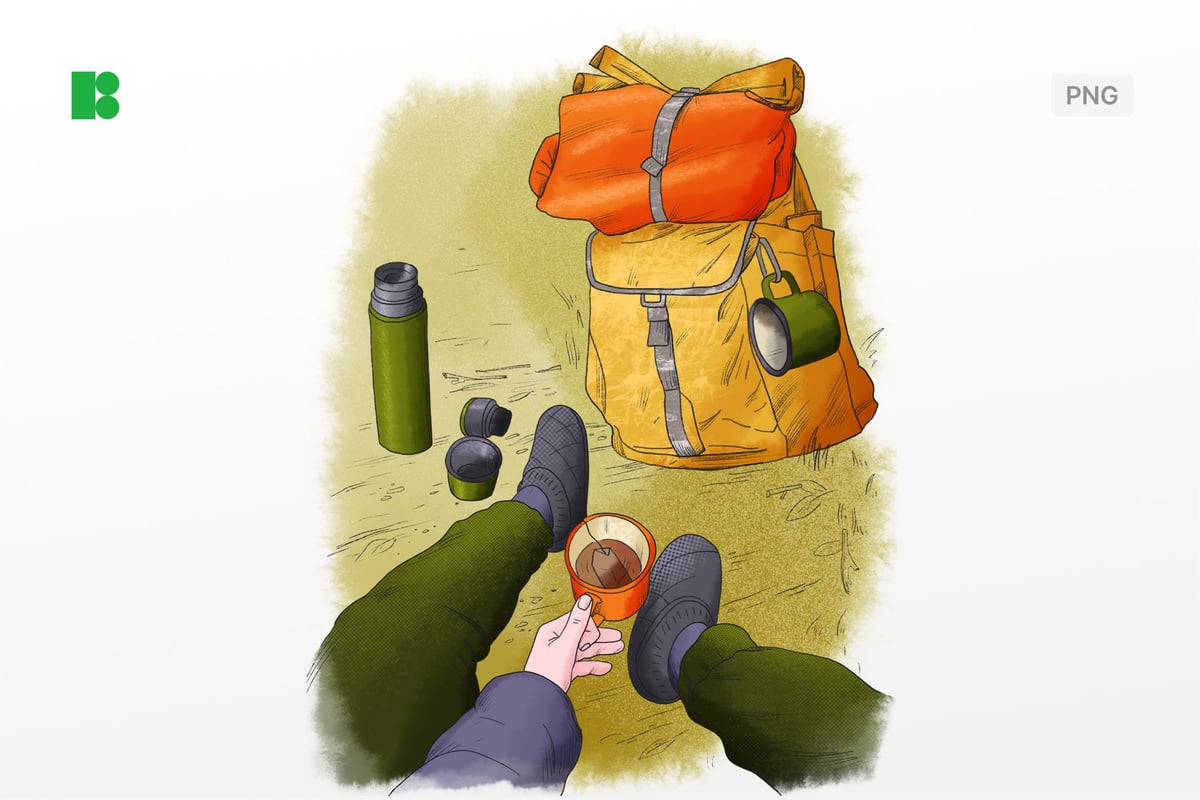 旅行者远足喝茶休息插画 Traveler Taking a Tea Break from Hiking