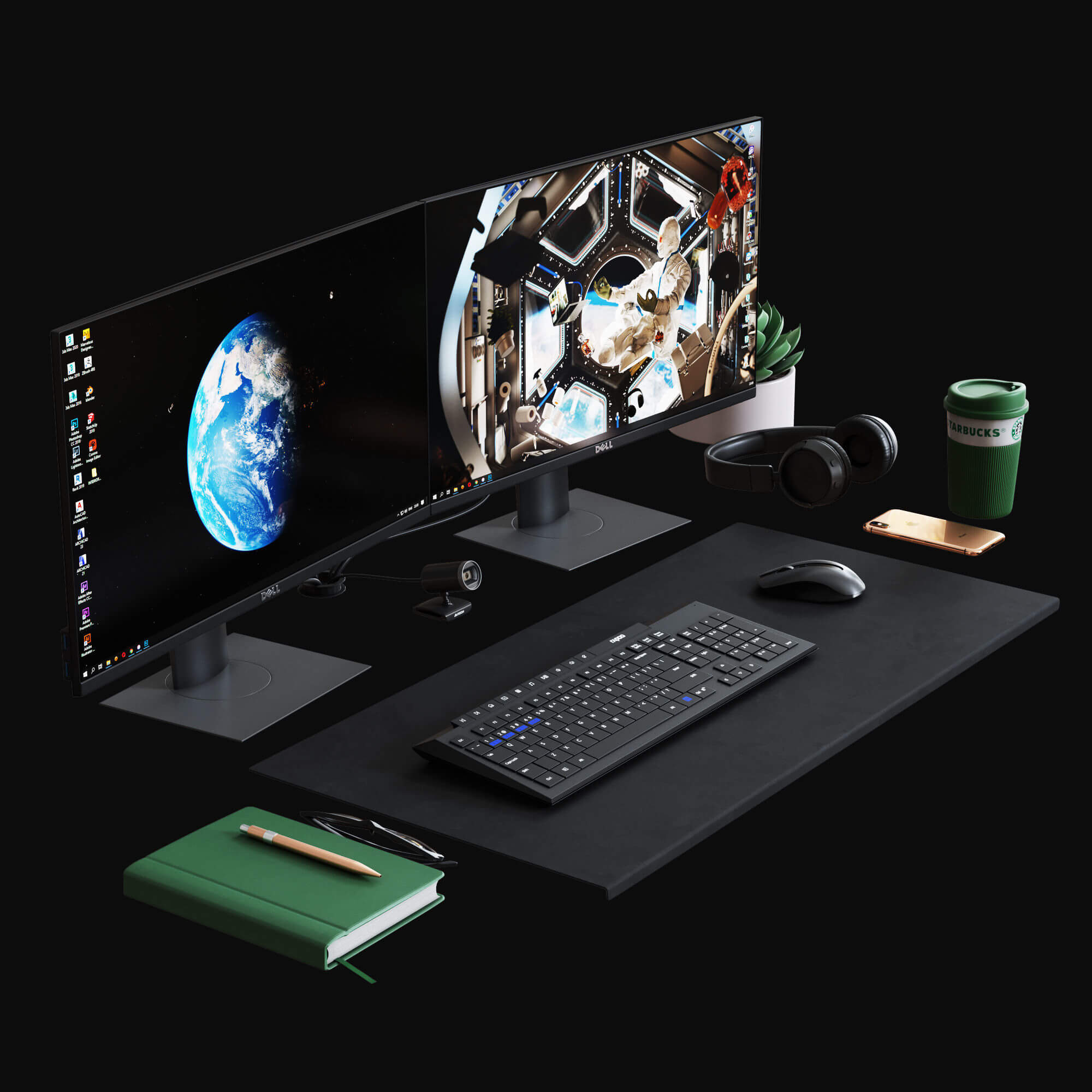 包含电脑 键盘 耳机和台灯的工作桌面3D模型（OBJ,MAX）