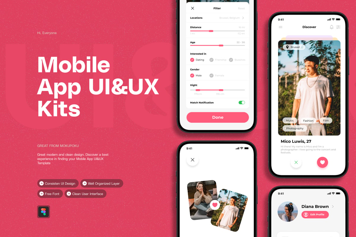 约会应用程序 - 移动应用App UI Kit (FIG)