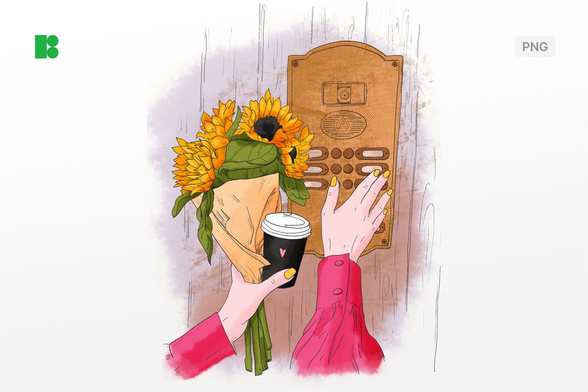 咖啡花束对讲铃矢量插画 Intercom Bell With Bouquet of Flowers and Coffee