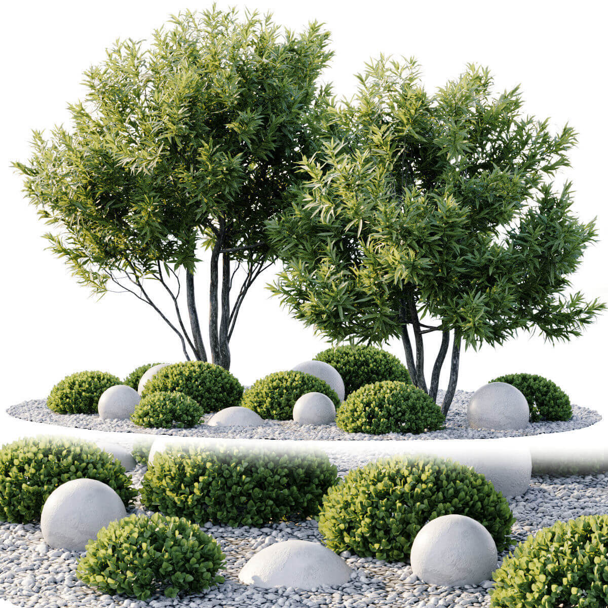 包含树 灌木植物 鹅卵石的绿植组合景观 花园景观3D模型（FBX,MAX）