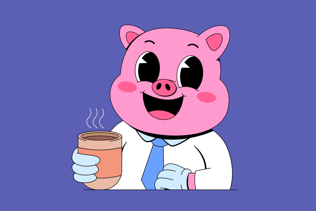卡通商务小猪与咖啡杯矢量