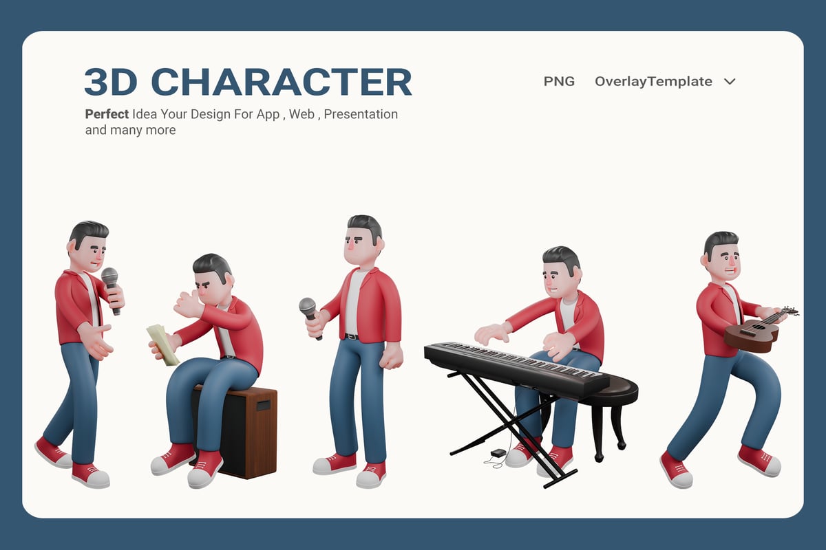 歌手表演3D人物卡通插画 3DSinger Performing with Piano, Ukulele & Songbook