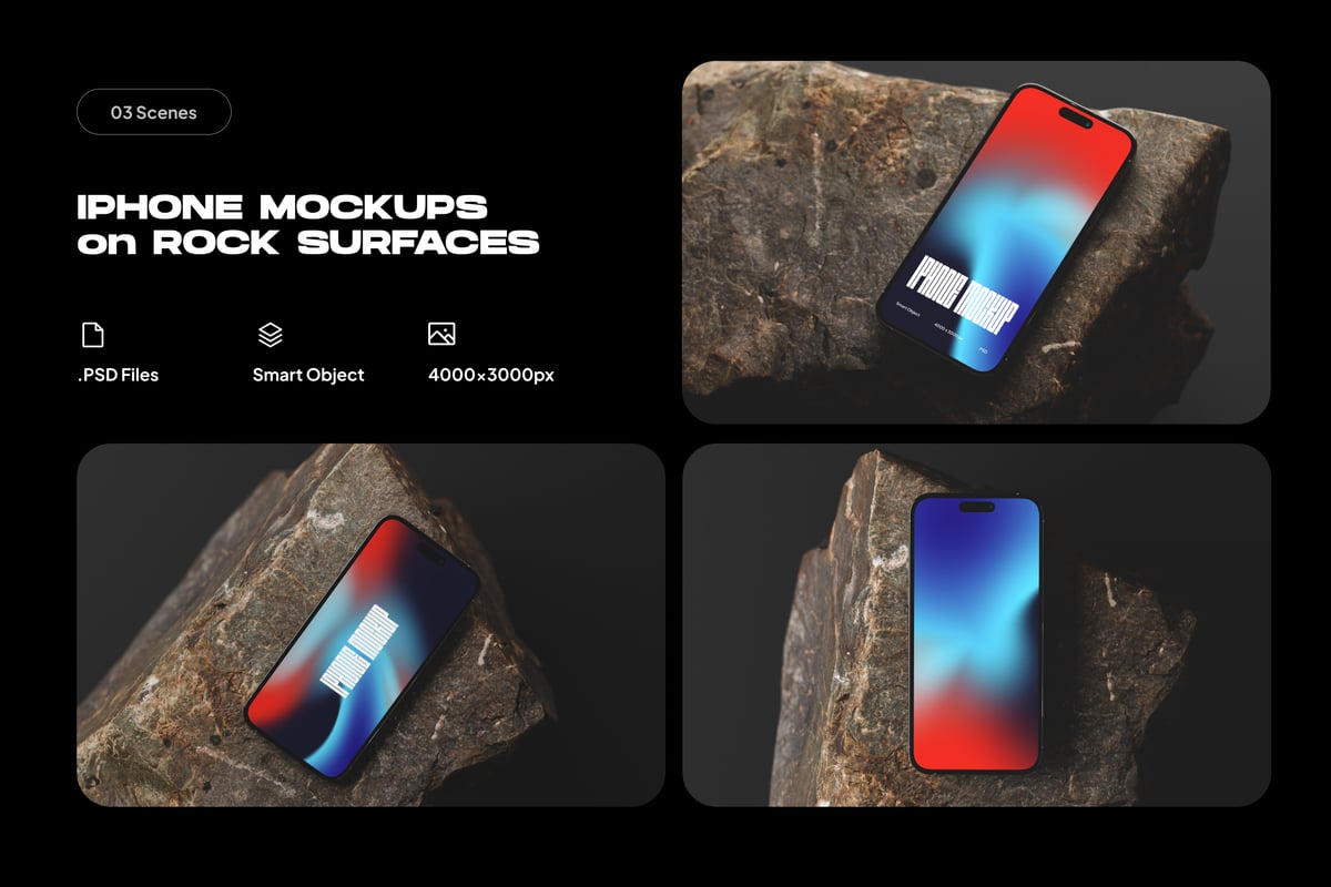 岩石表面上的 iPhone 16 模型样机 (PSD)