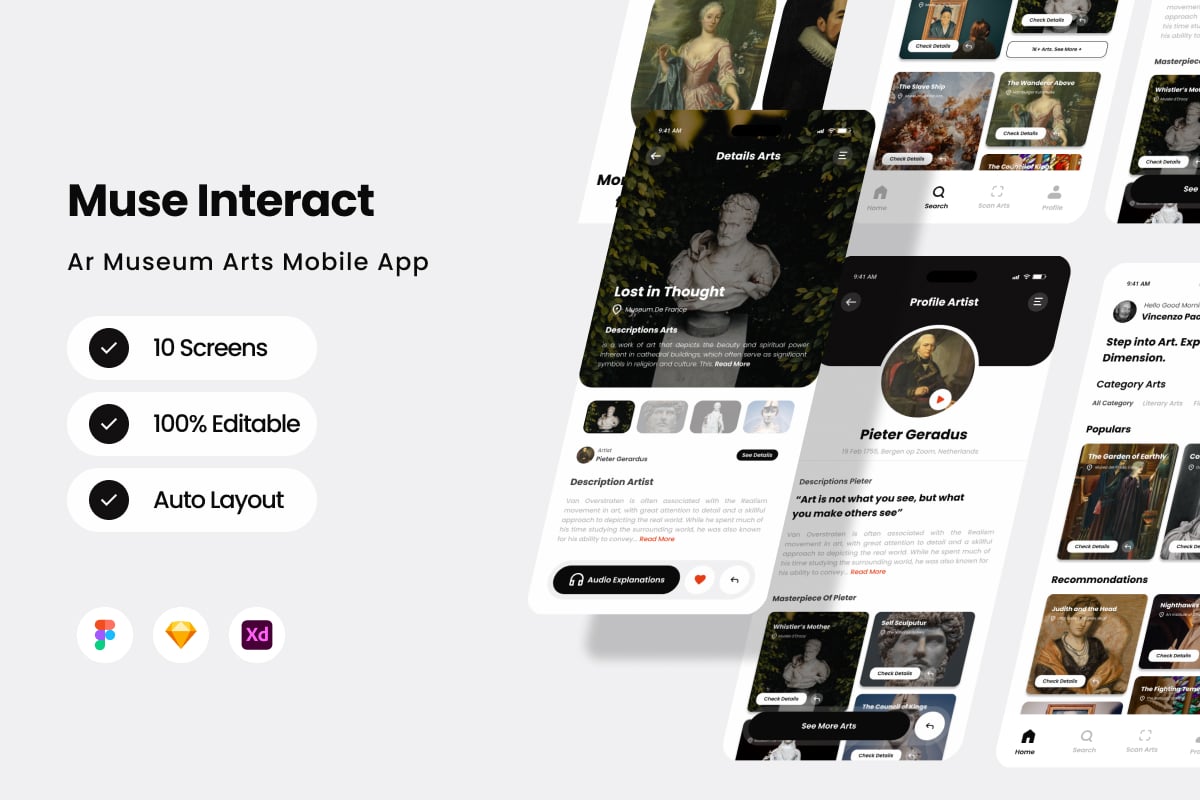 AR 博物馆艺术移动应用APP UI KIT (FIG,SKETCH,XD)