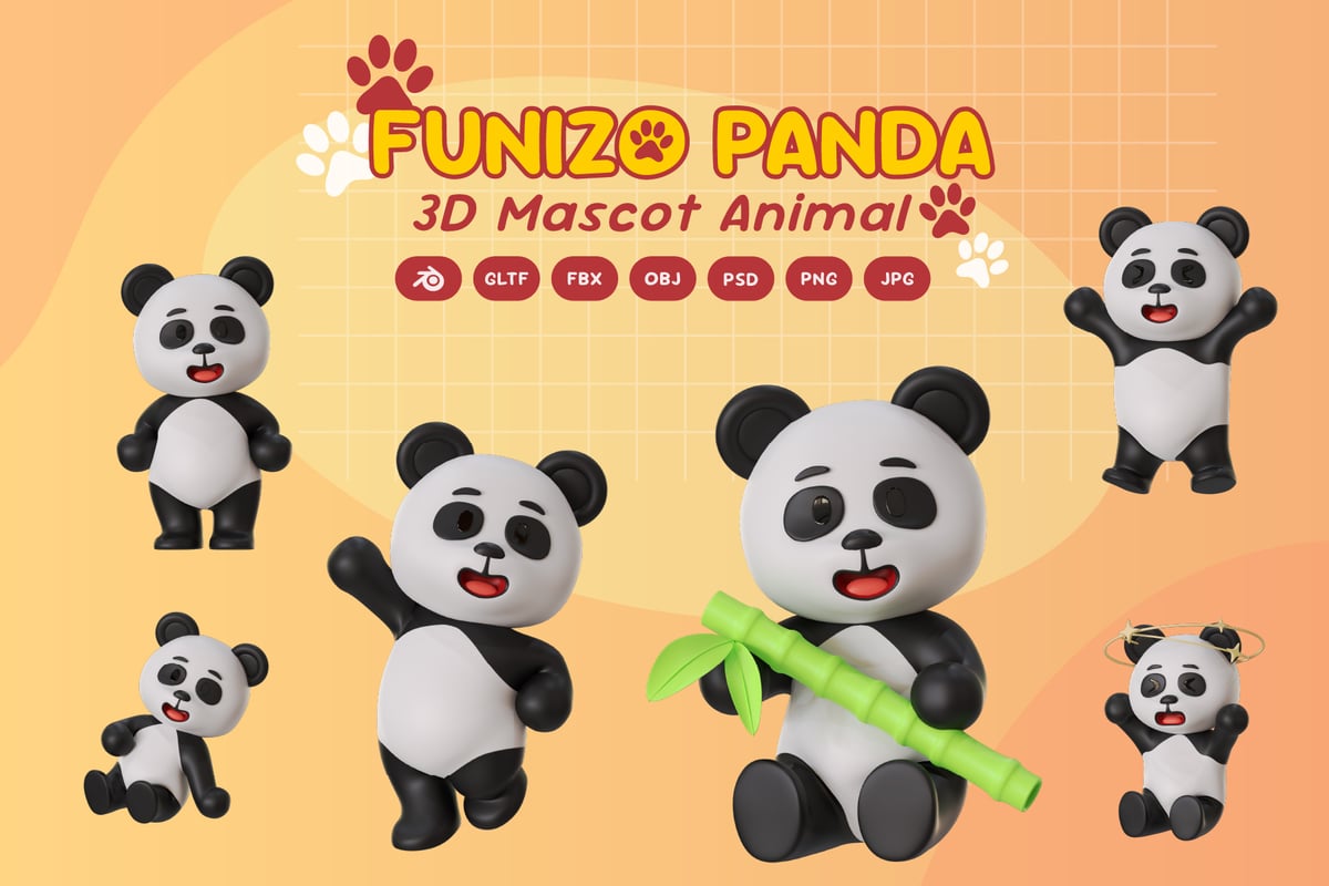 熊猫吉祥物动物3D卡通模型 (BLEND,GLTF,FBX,OBJ,PSD,PNG)