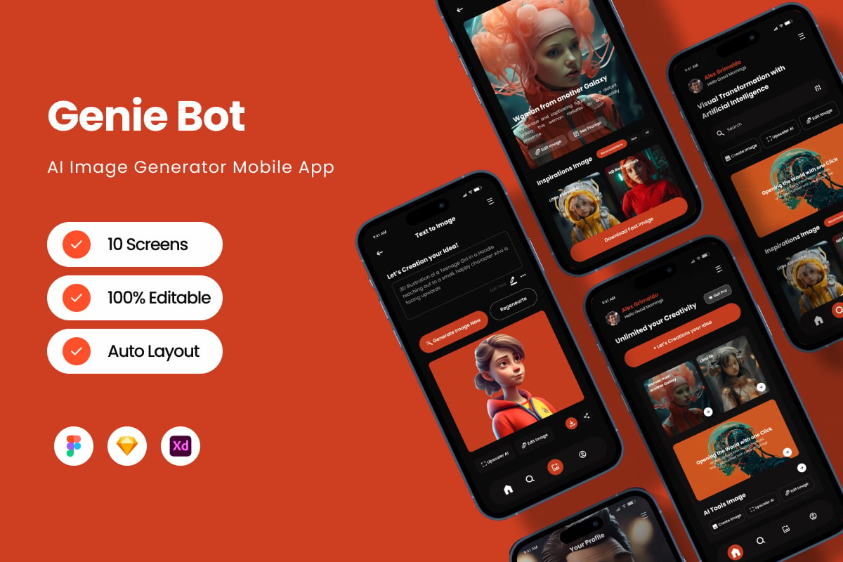 AI 图像生成器移动应用APP UI KIT (FIG,SKETCH,XD)