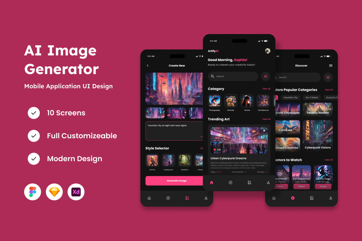 AI - 人工智能图像生成器移动应用APP UI KIT (FIG,SKETCH,XD)