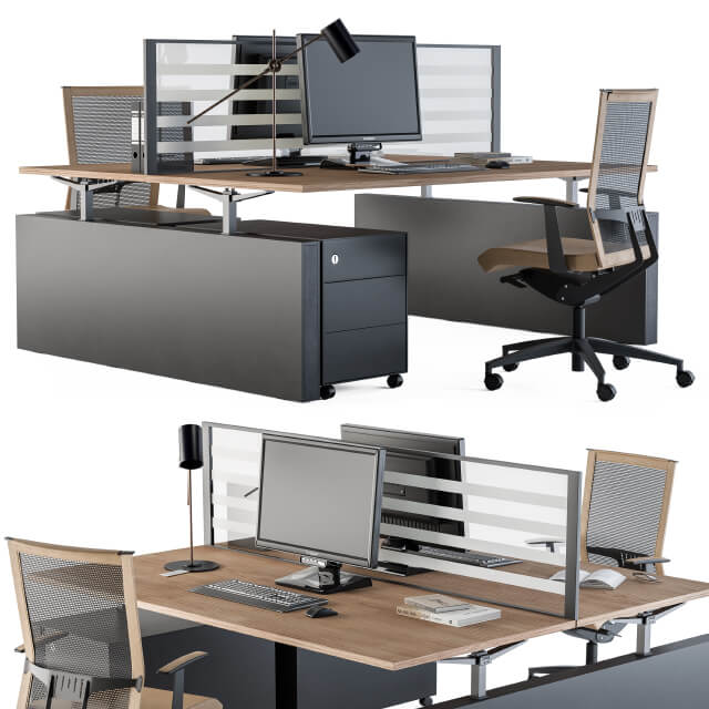 2人座办公桌椅 办公室家具3D模型(OBJ,MAX)