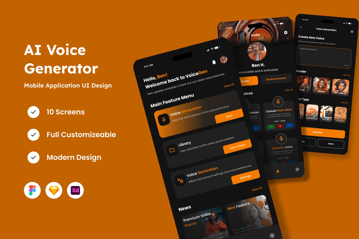 人工智能语音生成器移动应用APP UI KIT (FIG,SKETCH,XD)