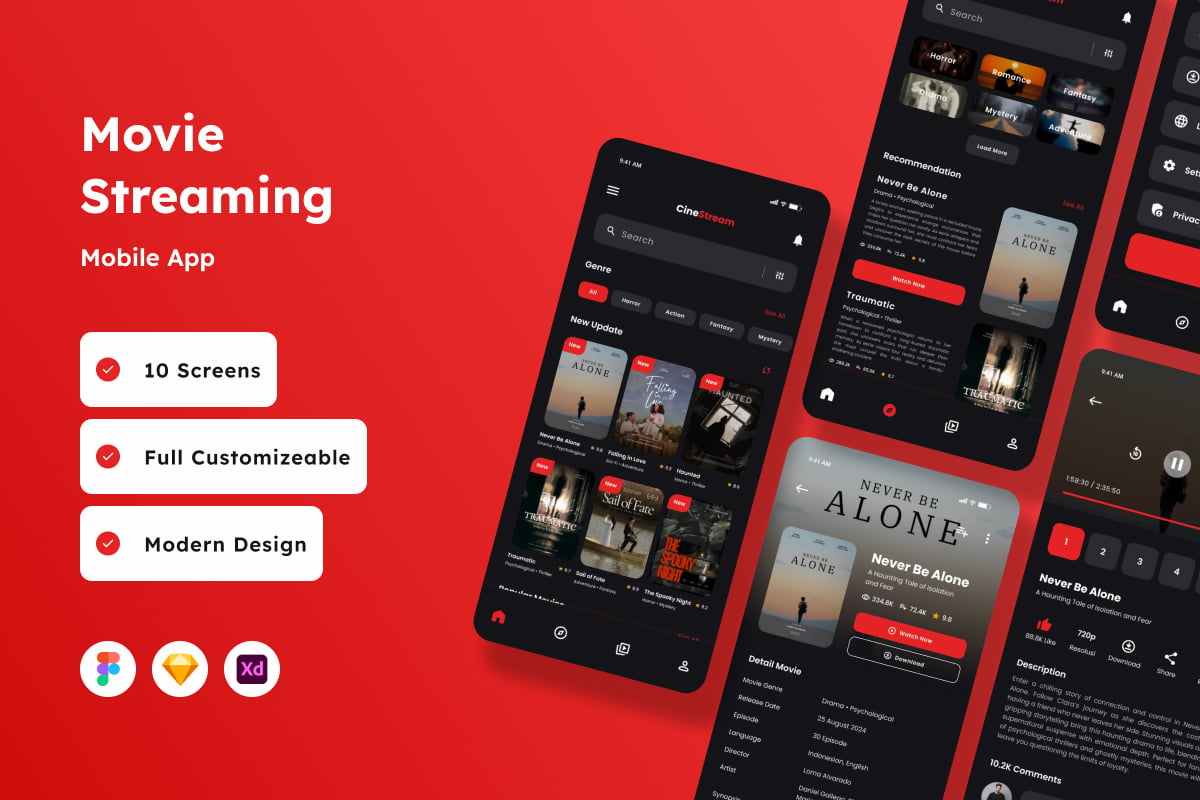 电影流媒体移动应用APP UI KIT (FIG,SKETCH,XD)