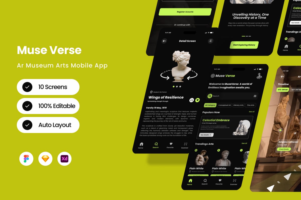 Ar 博物馆艺术移动应用APP UI KIT (FIG,SKETCH,XD)