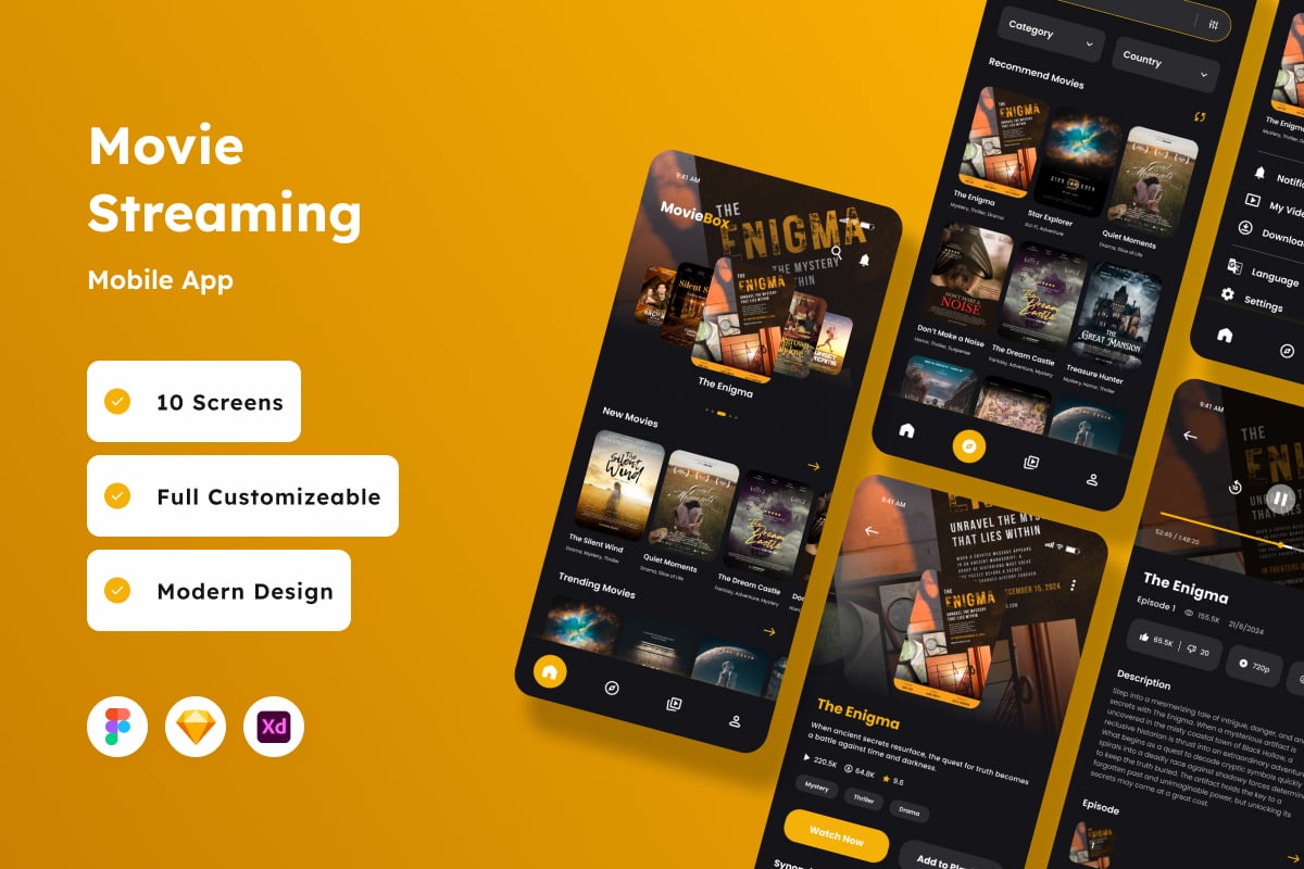 电影流媒体移动应用APP UI KIT (FIG,SKETCH,XD)