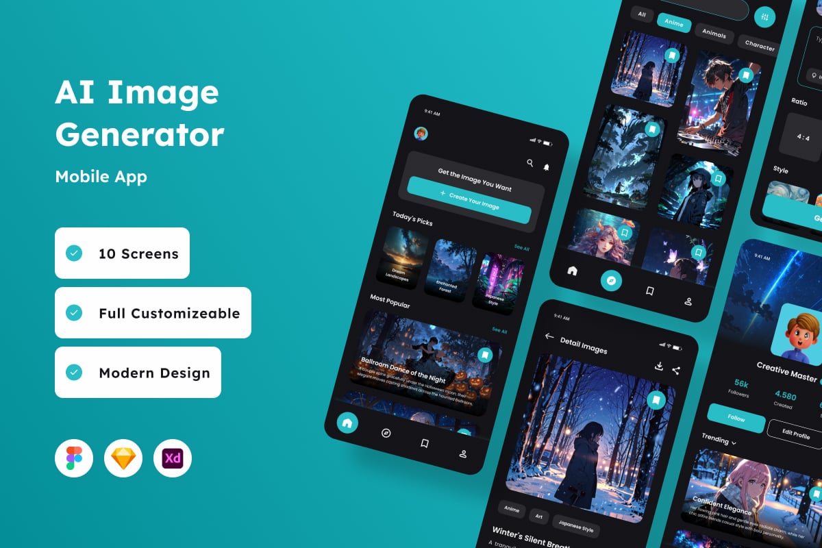 AI 图像生成器移动应用APP UI KIT (FIG,SKETCH,XD)