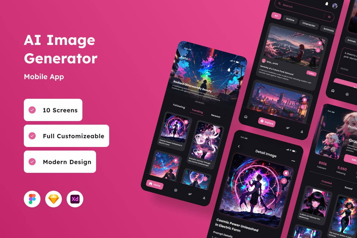 AI - 人工智能图像生成器移动应用APP UI KIT (FIG,SKETCH,XD)