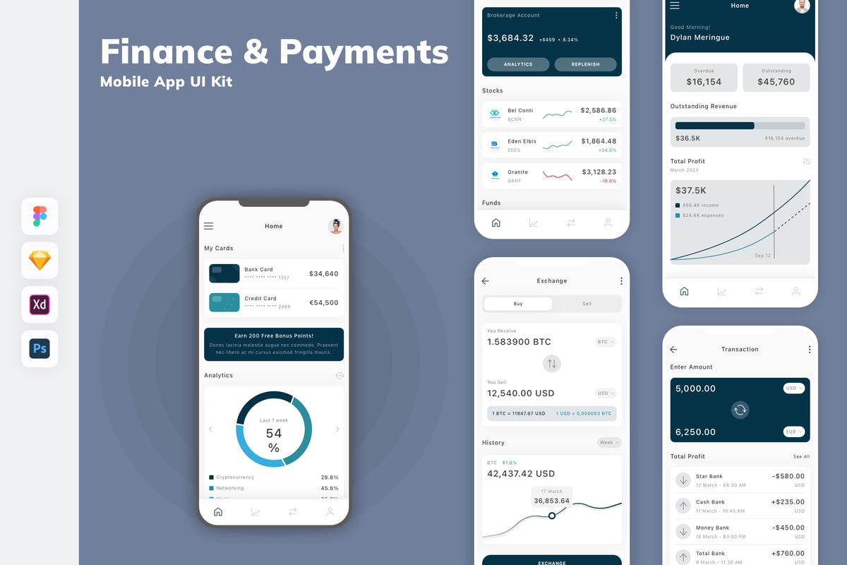 金融与支付移动应用 APP UI KIT (SKETCH,FIG,XD,PSD)