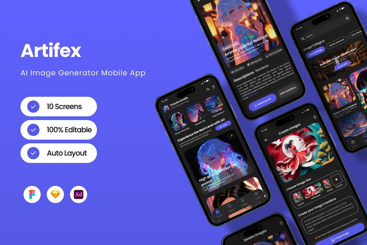 人工智能图像生成器移动应用APP UI KIT (FIG,SKETCH,XD)