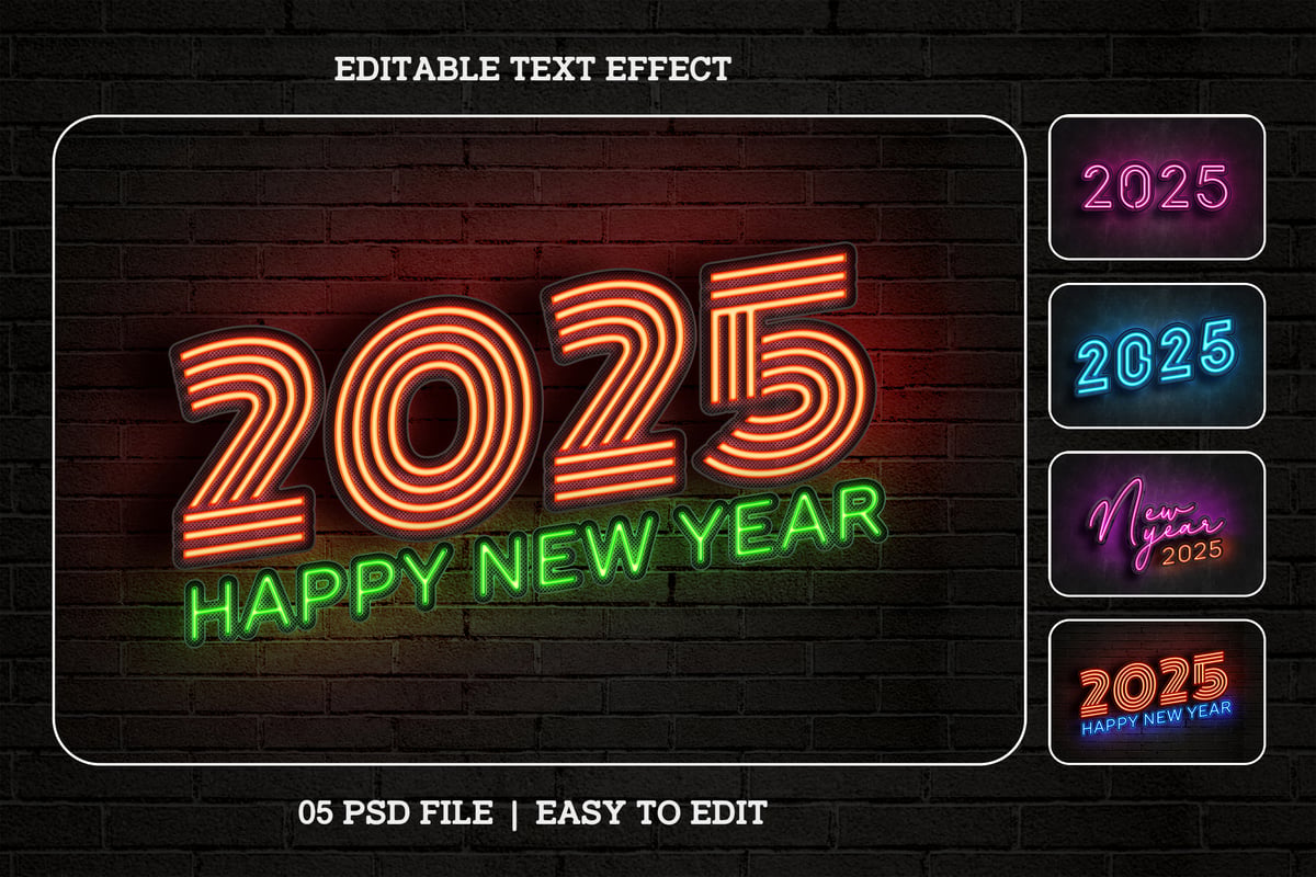 霓虹灯样式新年2025可编辑效果集 (PSD)