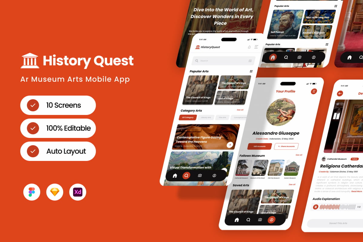 Ar博物馆艺术移动应用APP UI KIT (FIG,SKETCH,XD)