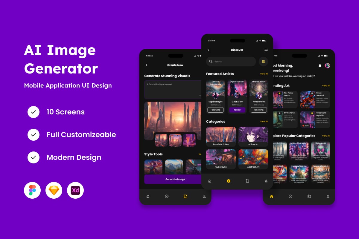 AI 图像生成器移动应用APP UI KIT (FIG,SKETCH,XD)