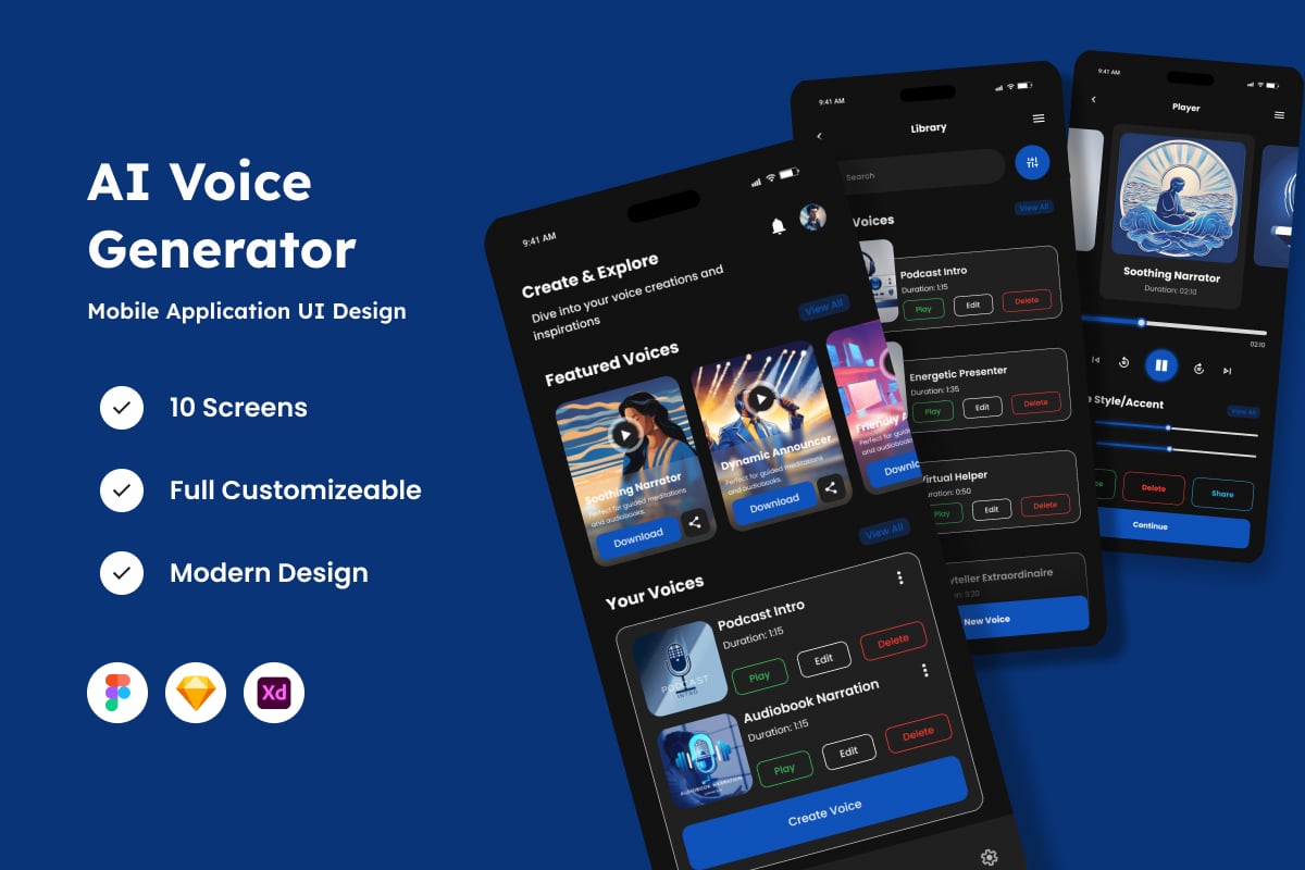 人工智能语音生成器移动应用APP UI KIT (FIG,SKETCH,XD)