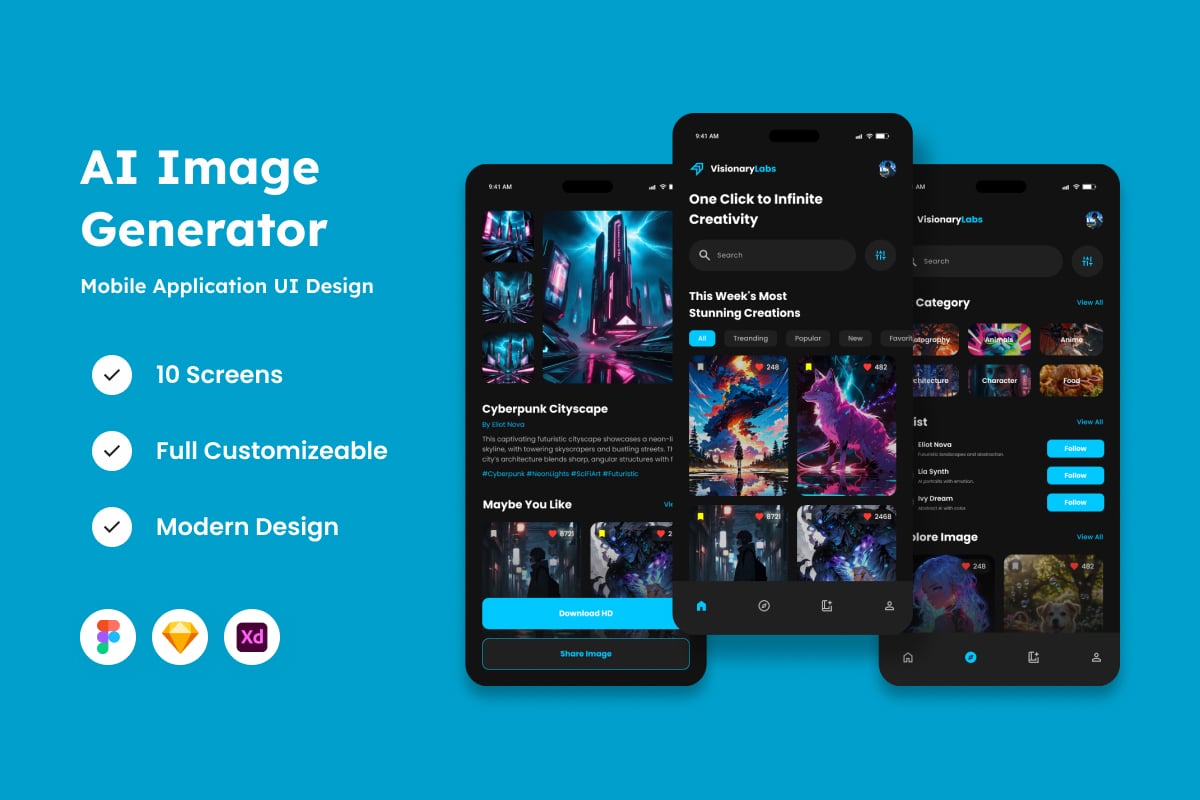 AI图像生成器移动应用程序APP UI KIT (FIG,SKETCH,XD)