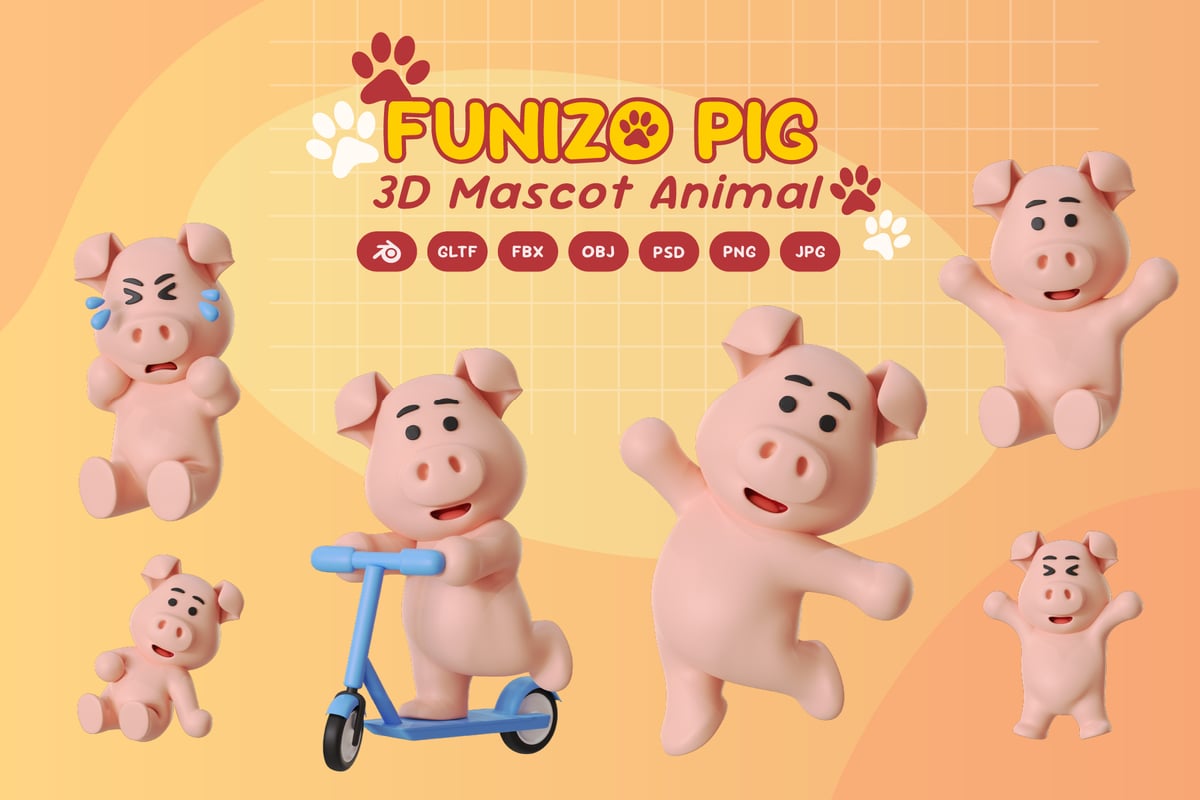 猪吉祥物动物3D卡通模型 (BLEND,GLTF,FBX,OBJ,PSD,PNG)