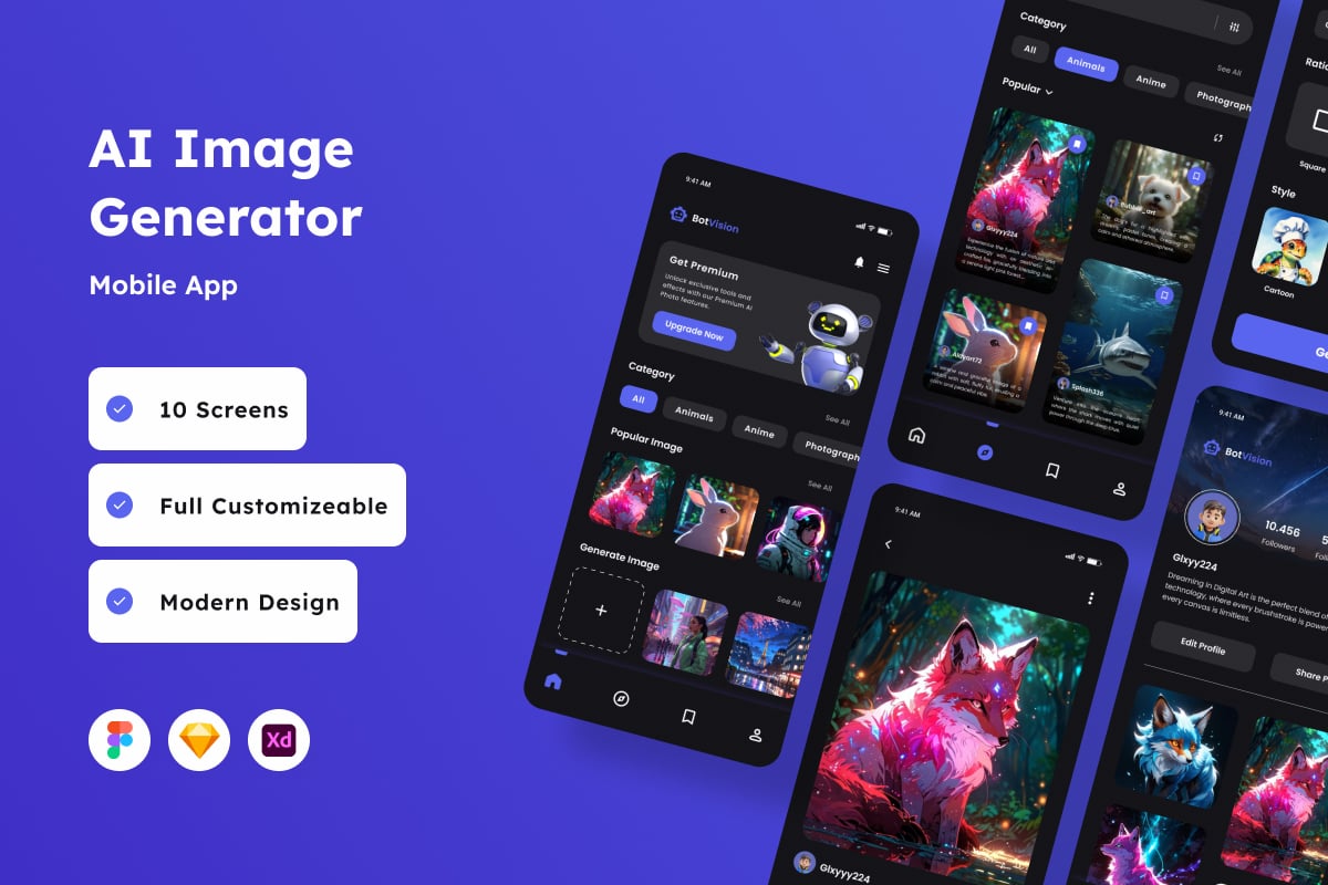 AI 图像生成器移动应用APP UI KIT (FIG,SKETCH,XD)