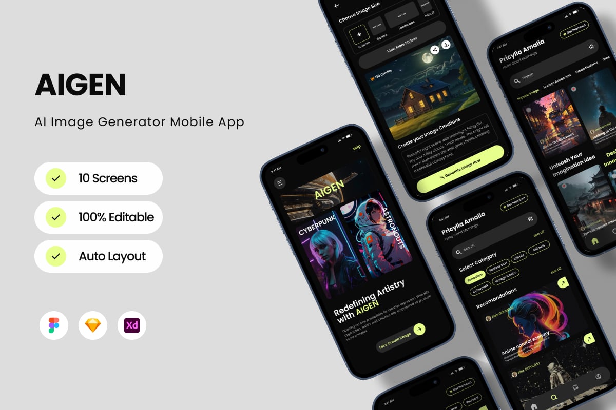 Ai人工智能图像生成器移动应用APP UI KIT (FIG,SKETCH,XD)