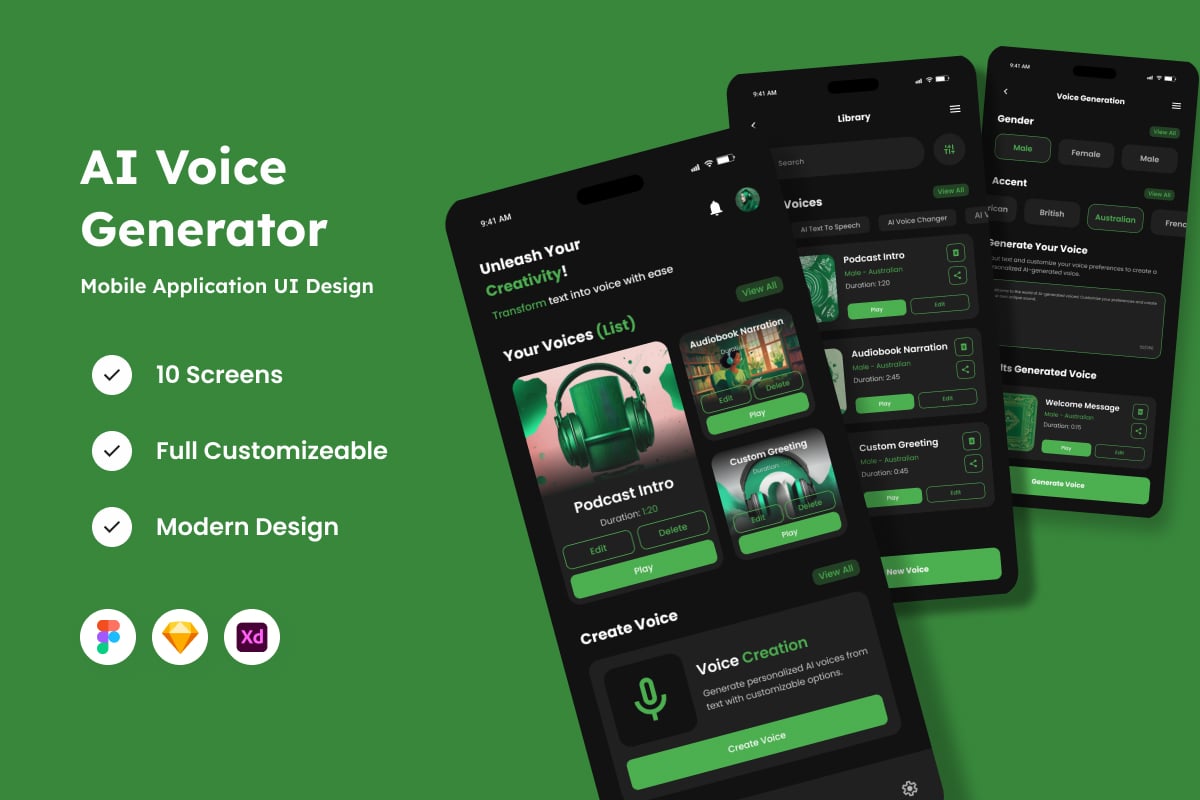 人工智能语音生成器移动应用APP UI KIT (FIG,SKETCH,XD)