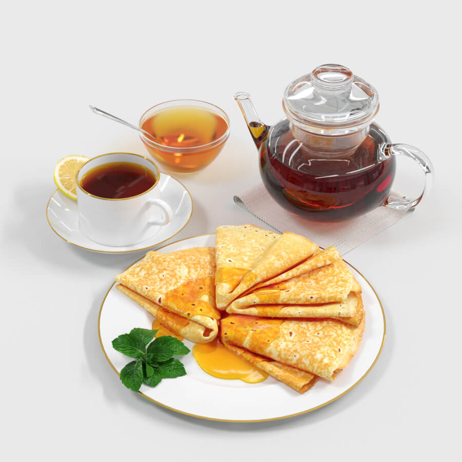 带蜂蜜的煎饼和茶水3D模型（FBX,MAX）