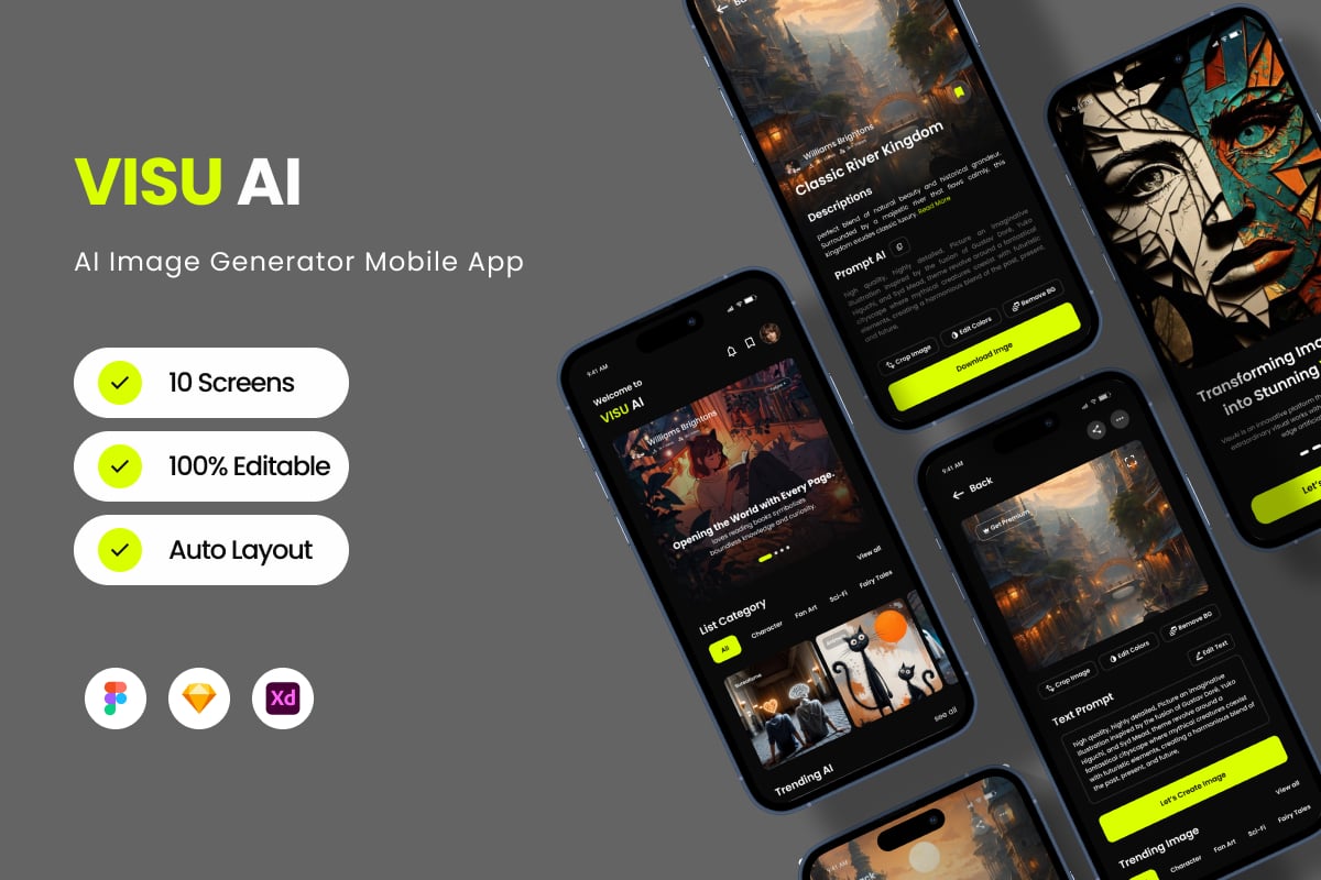AI 图像生成器移动应用APP UI KIT (FIG,SKETCH,XD)