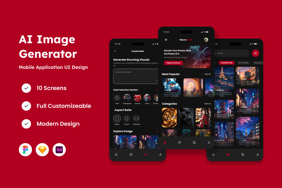 AI 图像生成器移动应用APP UI KIT (FIG,SKETCH,XD)
