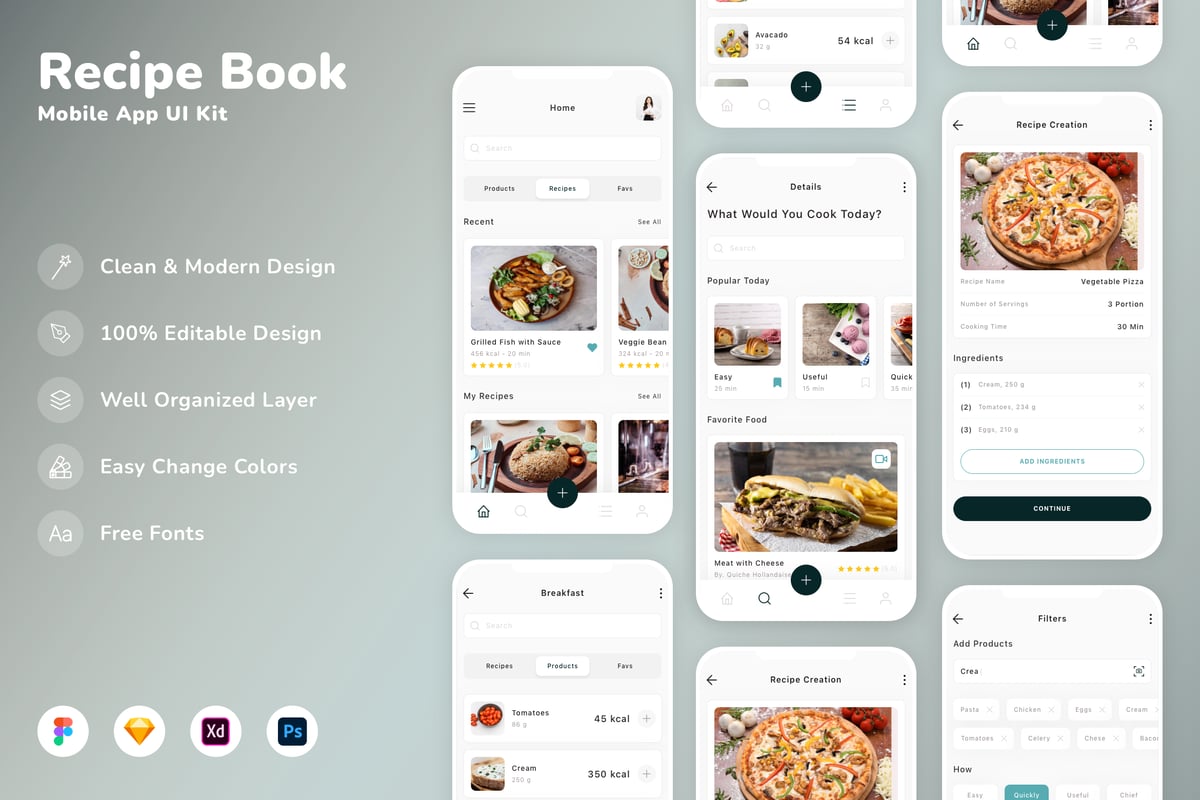 食谱书移动应用APP UI KIT (SKETCH,FIG,XD,PSD)