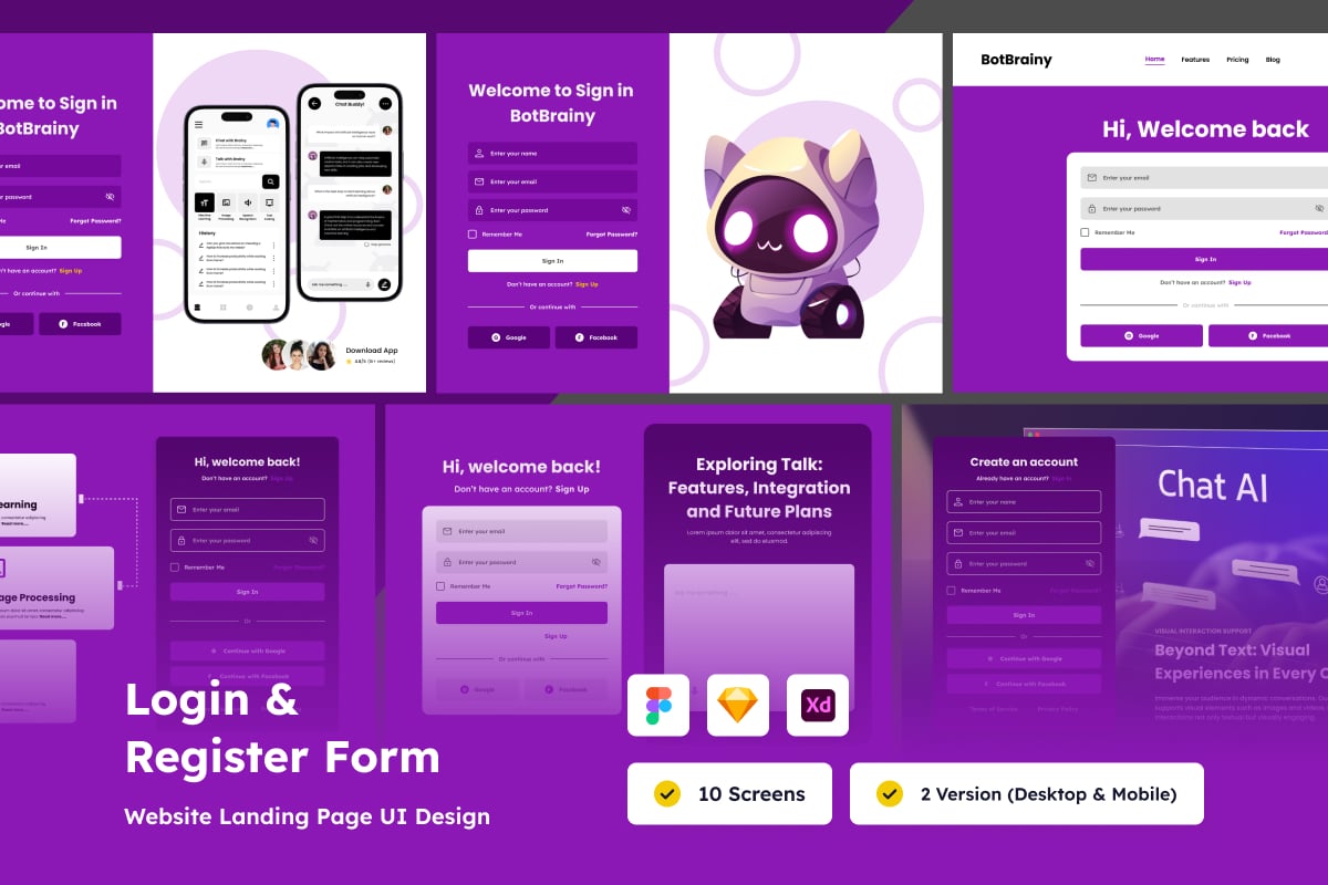 谈论人工智能登录和注册设计UI模板 (FIG,SKETCH,XD)