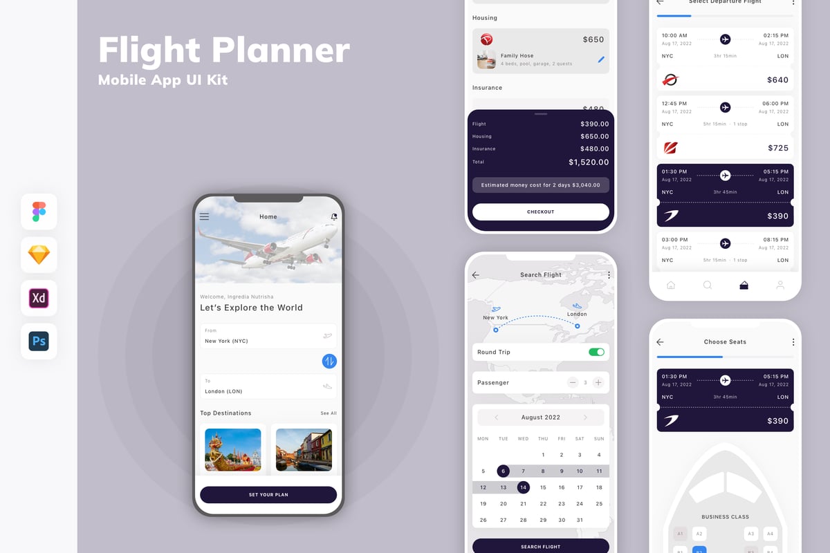飞行计划者移动应用APP UI KIT (SKETCH,FIG,XD,PSD)
