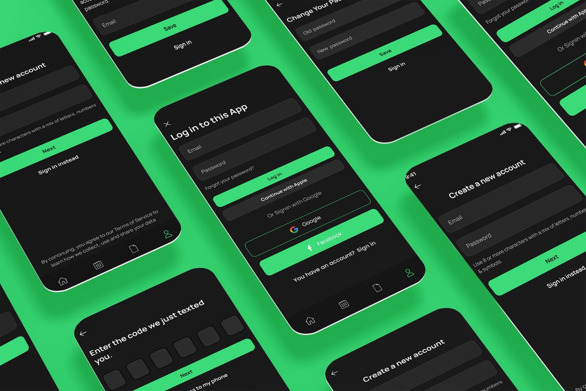 登录、登录和注册、密码屏幕黑色应用APP UI KIT (FIG,PSD,SKETCH,SVG,XD)