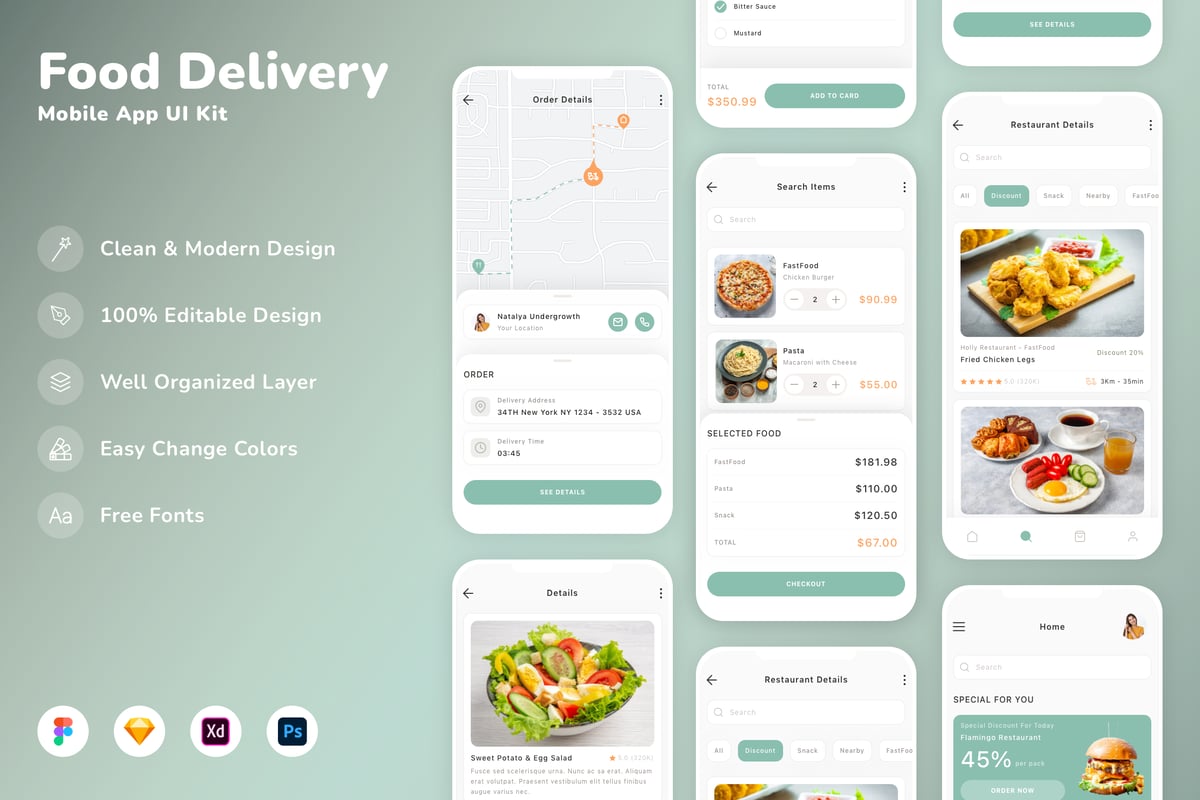食品配送移动应用APP UI KIT (SKETCH,FIG,XD,PSD)