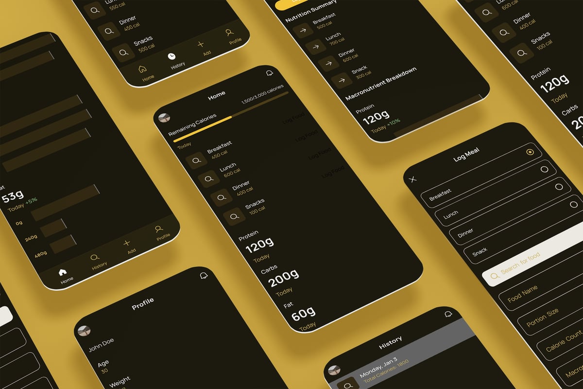 卡路里目标计数器、营养和食品黑色应用APP UI KIT (FIG,XD,SVG,SKETCH,PSD)