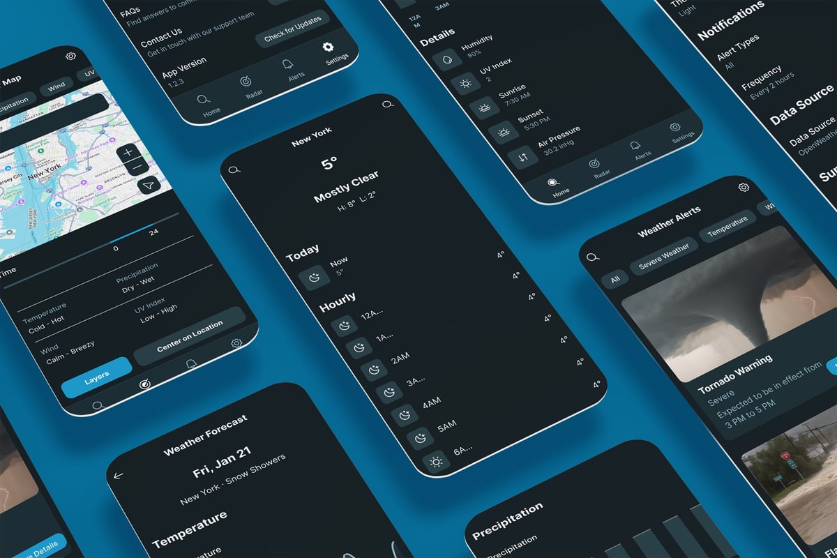 天气预报、警报和气候统计黑色应用APP UI KIT (FIG,XD,SVG,SKETCH,PSD)