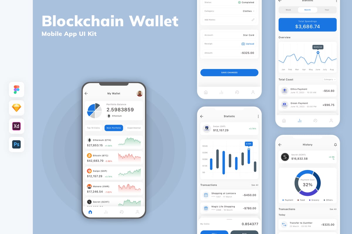 区块链钱包移动应用APP UI KIT (SKETCH,FIG,XD,PSD)